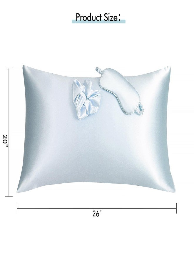 KISMETICS - Vegan Silk Sleep Set, Vegan Silk Pillowcase with Large Scrunchie and Eye Mask for Hair and Skin, Self Care Essential Satin Night Routine Kit (Light Blue Color) - Image 2